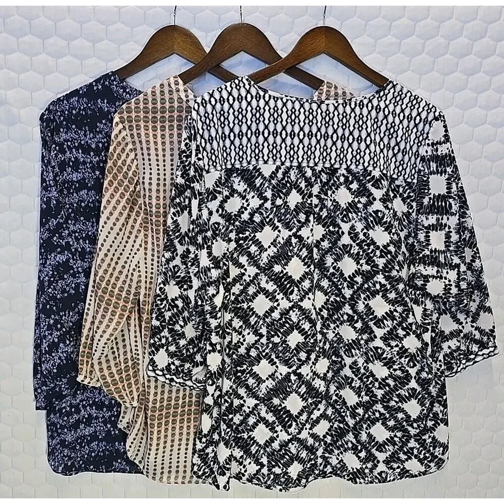 Lot 3 NYDJ Plus Size 1X Pintuck Peasant Blouse Tops Mixed Prints 3/4 Sleeve Boho - Picture 2 of 14